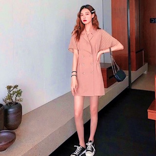 Đầm sơ mi cổ vest màu nâu phối sọc (kèm hình thật)