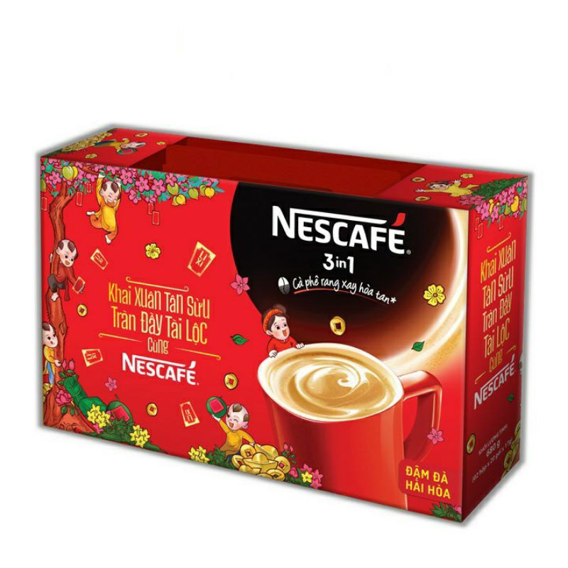 Hộp quà Tết Phát Lộc: NESCAFÉ 3in1 Cà phê rang xay hòa tan Đậm đà hài hòa Với Ly Sứ Nescafe (2 hộp x 20 gói x 17g)