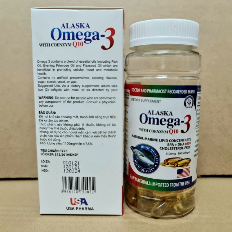 Dầu cá Alaska omega 3 with coenzym Q10 hộp màu trắng gia đình Hộp 100 viên