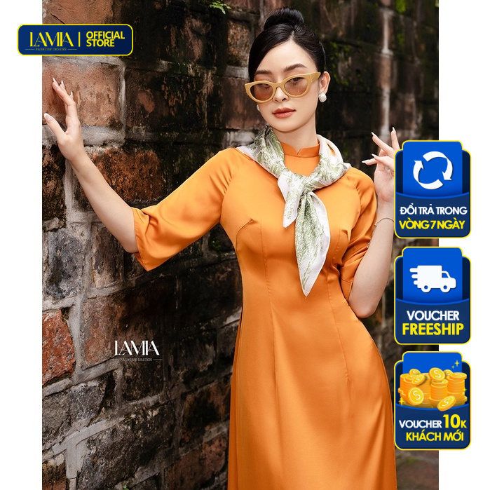 Áo dài truyền thống Lamia Design AD073 lụa latin màu cam trơn rạng rỡ