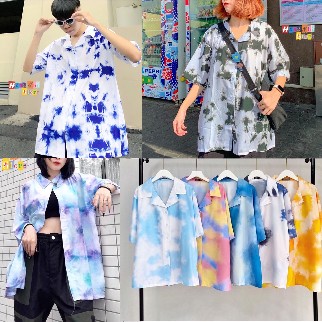 Áo Sơ Mi Họa Tiết Loang Màu Tay Lỡ Dáng Rộng Ulzzang Unisex, Sơ Mi Đi Biển - MM
