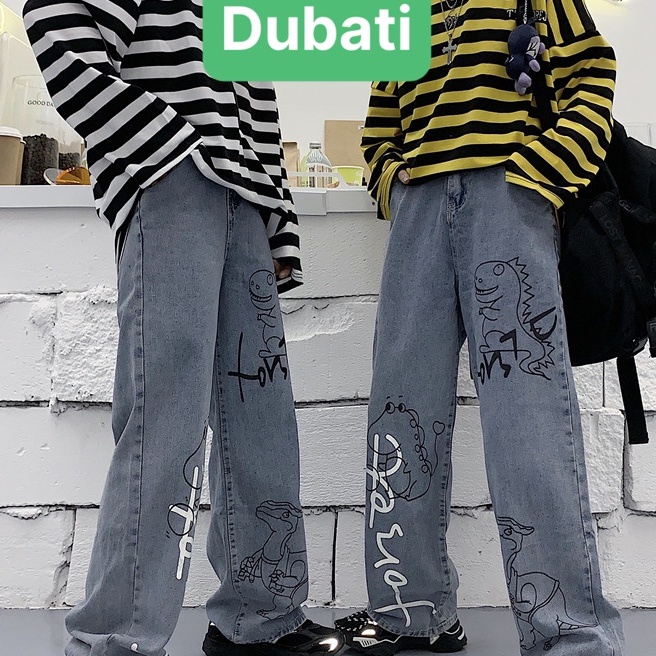QUẦN BAGGY JEAN NAM NỮ CHẤT BÒ ỐNG RỘNG DÀI THÊU HÌNH KHỦNG LONG- DB 62- DUBATI FASHION