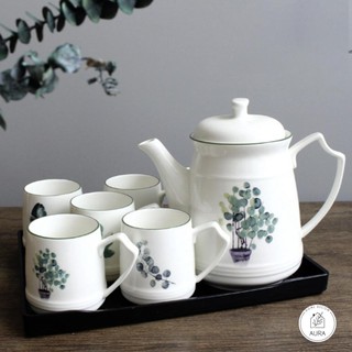 Bộ ấm sứ kèm khay nhựa phong cách Bắc Âu (Độc quyền)