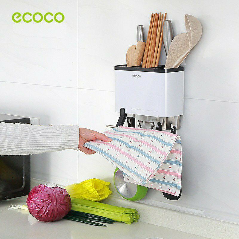 Hộp đựng đũa muỗng treo tường Ecoco có giá để điện thoại - Kệ treo tường đựng đũa muỗng năng