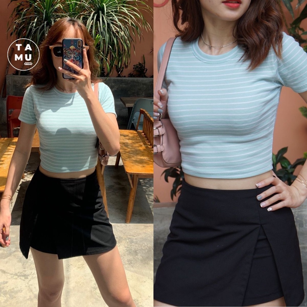 Áo croptop ôm tay ngắn kiểu dáng basic chất vải dày dặn đen trắng cá tính sexy