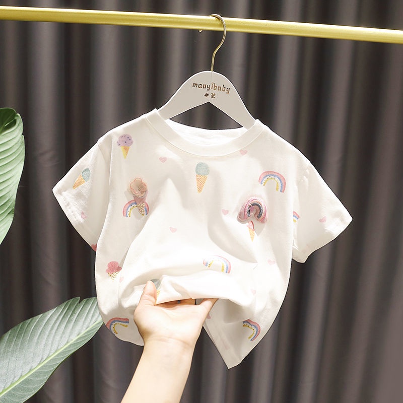 Áo Thun Cotton Tay Ngắn In Hình Cây Kem Dễ Thương Thời Trang Mùa Hè Cho Bé Gái