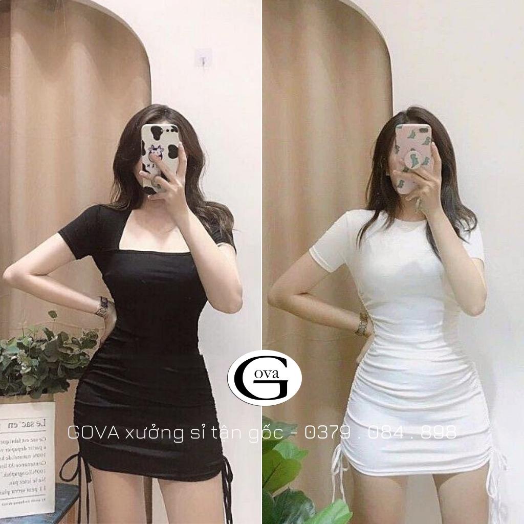 Đầm Váy Body Nhún Đầm Ôm Sexy Nữ Cổ Vuông Rút Dây 2 Bên Tay Ngắn GOVA