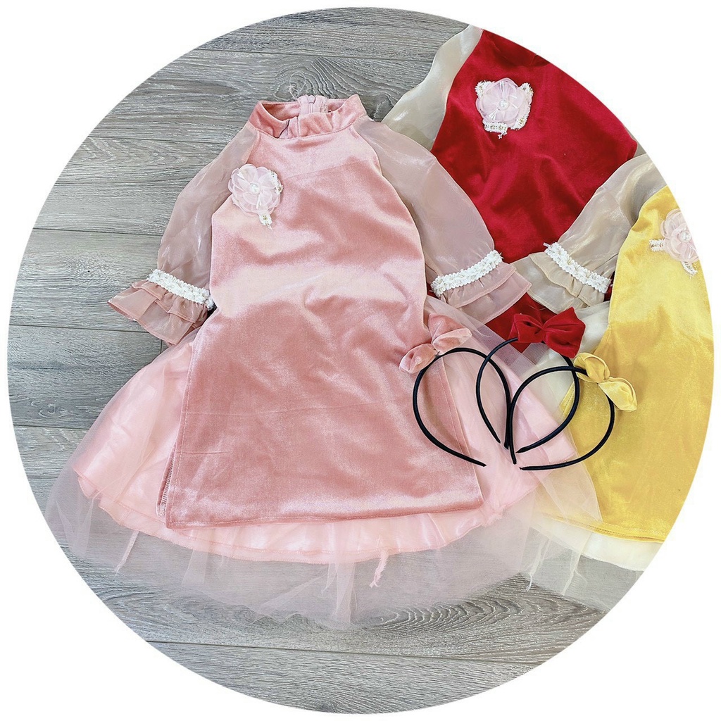 (10-20kg) Set áo dài trẻ em - áo dài nhung tặng kèm bờm nơ xinh cho bé gái QATE843