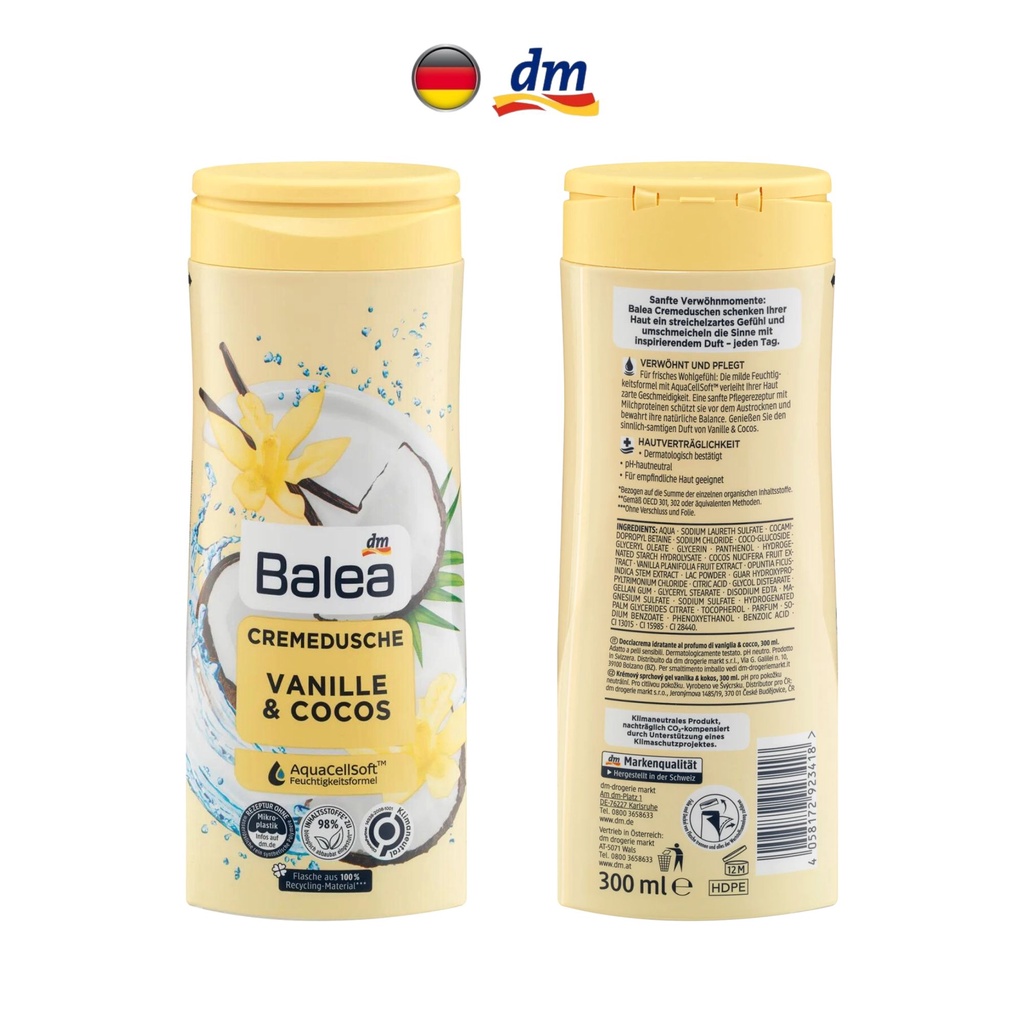 Sữa tắm BALEA dưỡng ẩm cho mọi loại da hương thơm vani và dừa, Cremedusche Vanille und Cocos 300ml - hàng nhập khẩu Đức