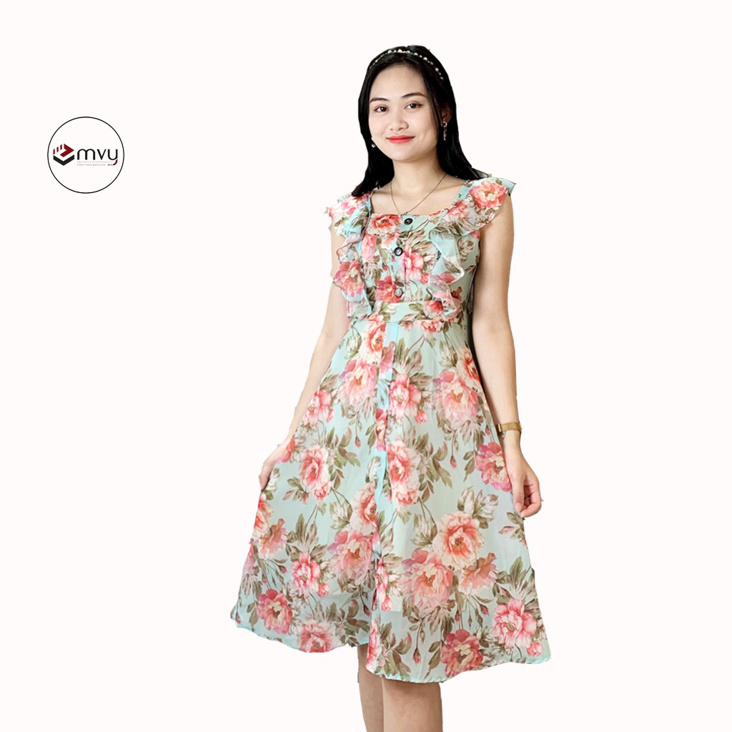 Váy Xòe hai dây, họa tiết hoa, chất Lụa Hàn ,dày dặn EMVY - V49