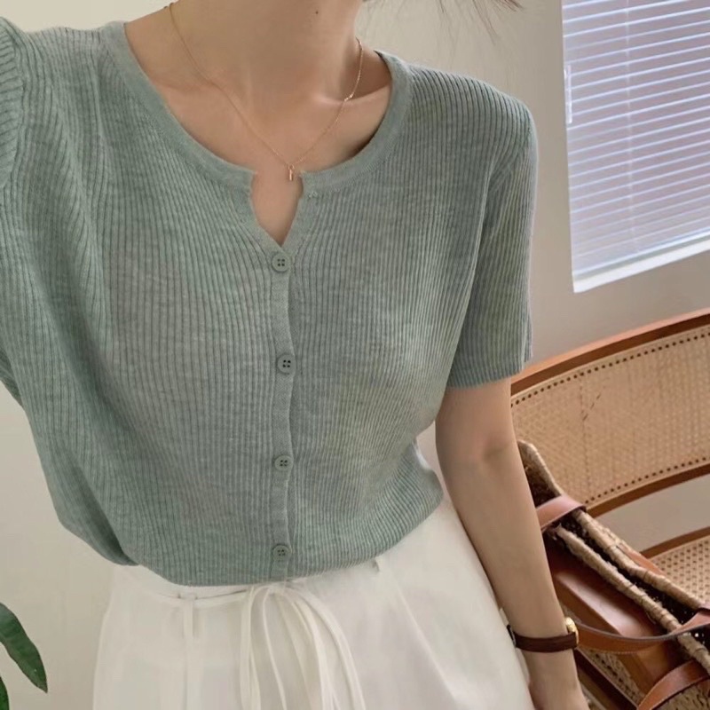 [Mã FAMARAL2 giảm 10K đơn 50K] Áo cardigan len tăm cổ tròn tay ngắn (A008)