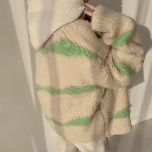 Áo khoác cardigan dáng rộng cổ chữ V kẻ sọc dễ phối đồ thời trang cho nữ