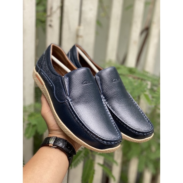 Giày lười Clarks da thật màu xanh navi