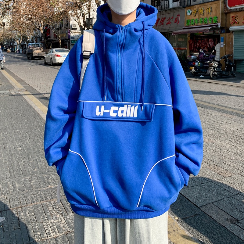 Áo hoodie nỉ dáng rộng phối khóa kéo