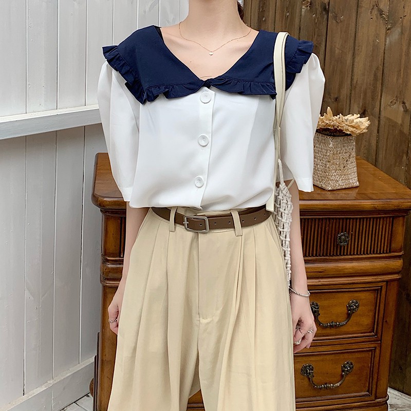 Áo kiểu tay ngắn cổ chữ V phong cách thanh lịch cho nữ 34249