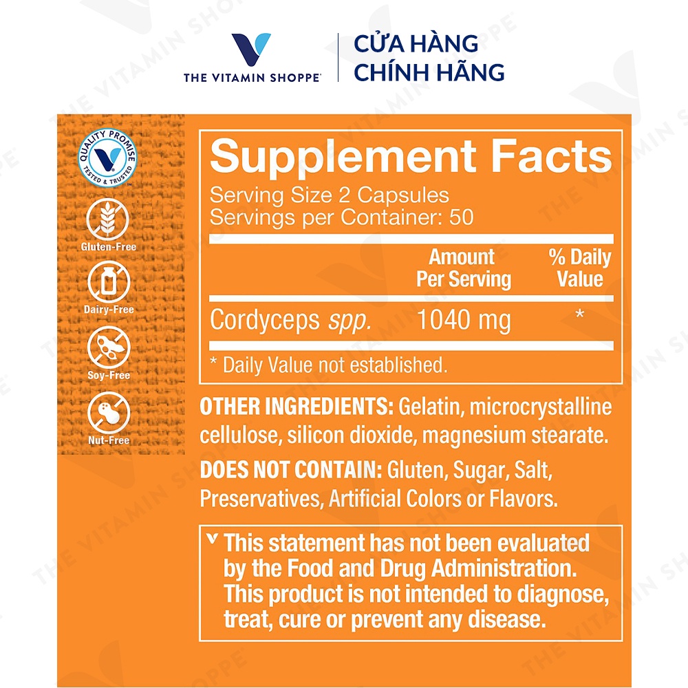 Viên uống đông trùng hạ thảo THE VITAMIN SHOPPE Cordyceps 1040 MG tăng sức đề kháng 100 viên