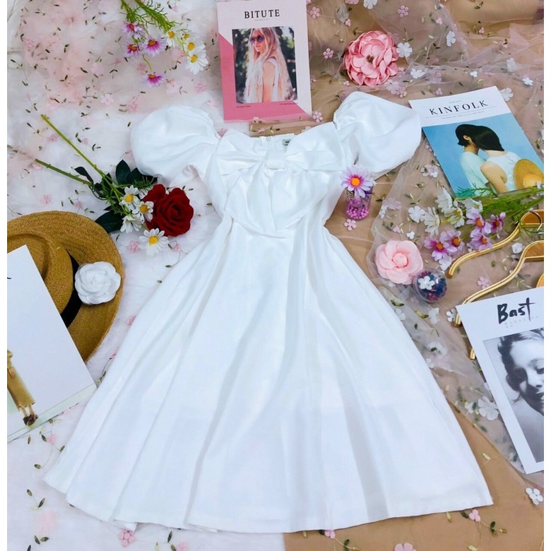 Đầm dự tiệc đầm dạo phố dáng xòe nhẹ tay bồng phối nơ xinh xắn Bibi- BT066