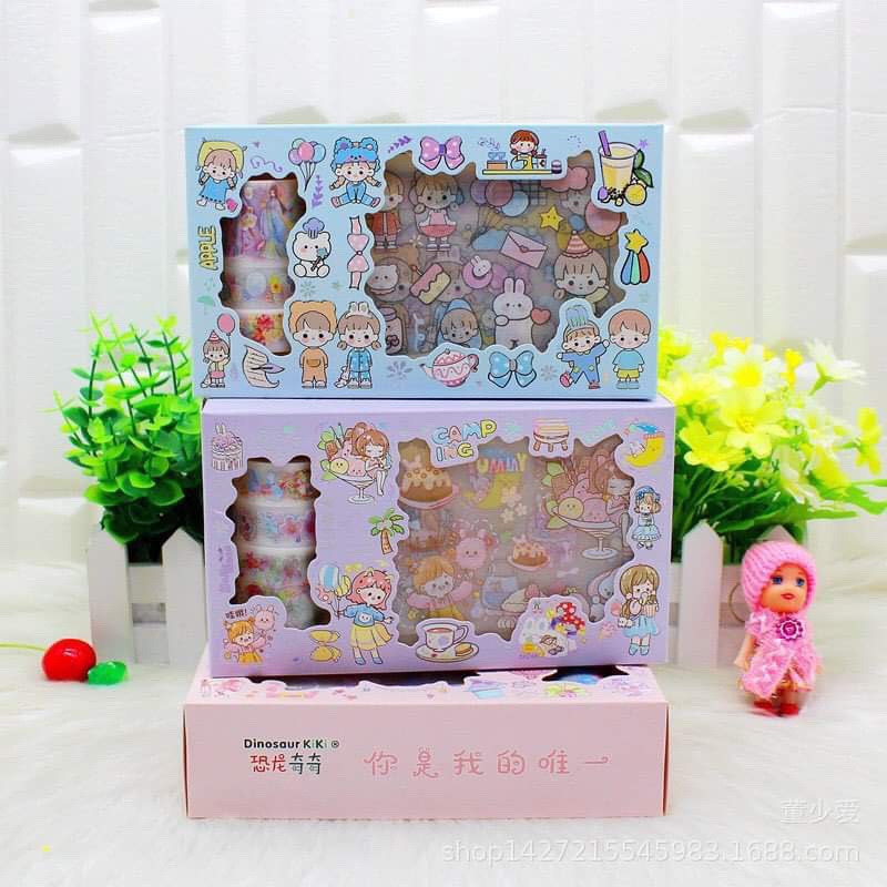 Hộp 10 tấm sticker+3 cuộn washi