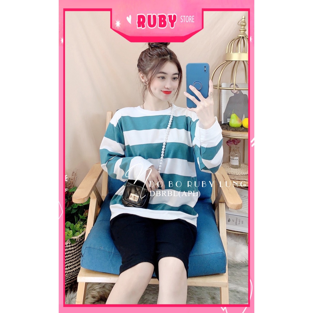 Đồ bộ thun lửng tay dài phối sọc dễ thương chất thun mềm mát DBRBLCT