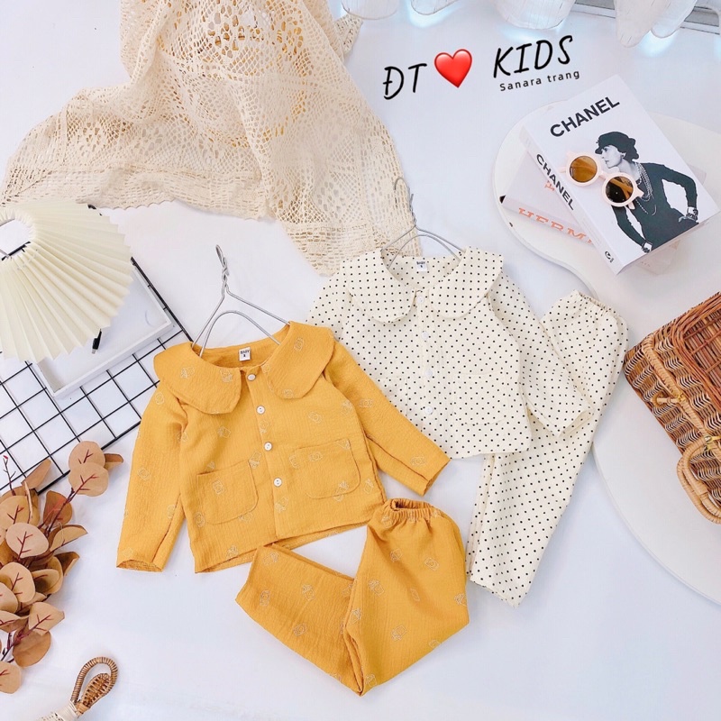 Bộ ngủ bé gái dài tay thu đông_Bộ Pijama dài tay bé gái chất đũi xốp