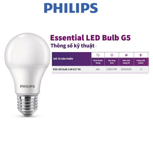 Bóng Philips LED bulb Essential E27 (5W,7W,9W,11W,13W) - ánh sáng trắng, ánh sáng vàng