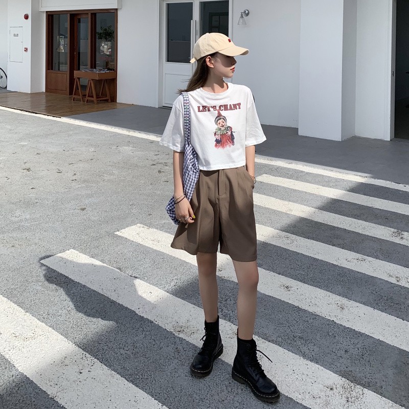 Xiaozhainv Quần sọt ống rộng lưng cao thời trang Hàn Quốc 2 màu sắc tùy chọn cho nữ