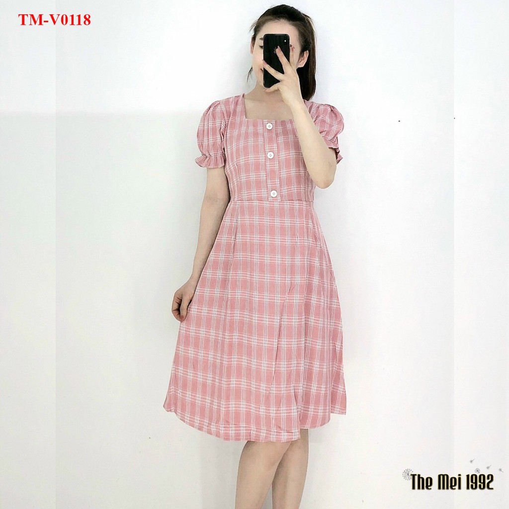 Đầm suông nữ The Mei 1992- Đầm công sở chất cotton mát kẻ caro cổ vuông đính cúc bo ống tay siêu xinh