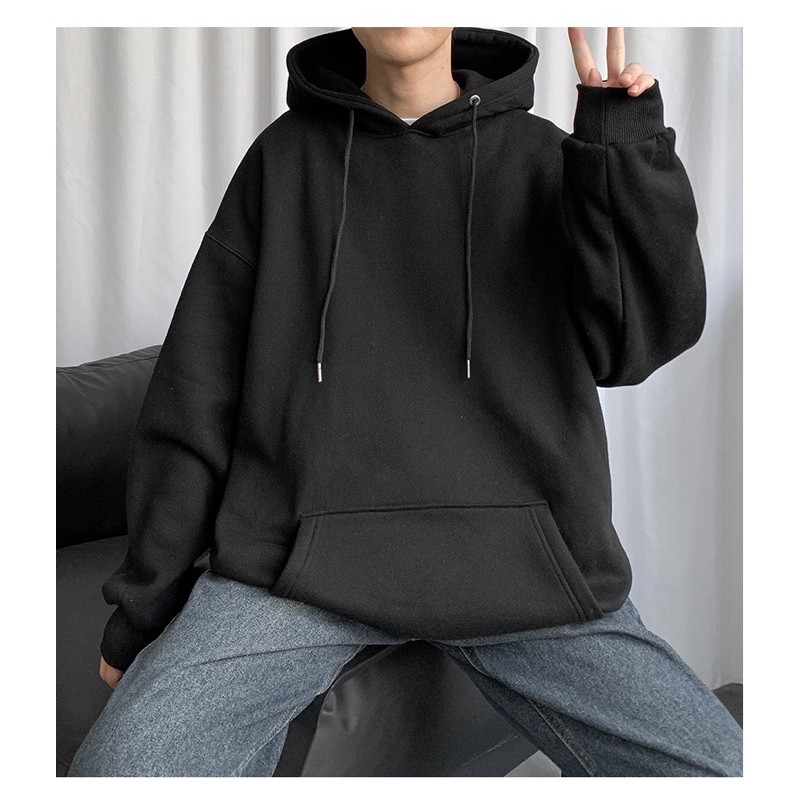 ÁO HOODIE NỈ ĐEN TRƠN FORM UNISEX (có hình chụp thật)