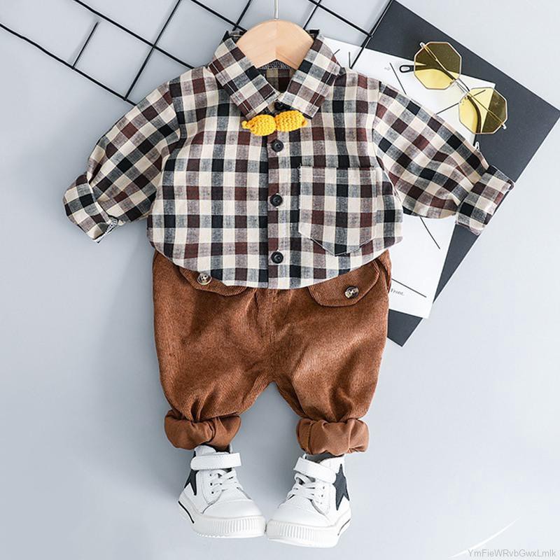 Set trang phục áo sơ mi caro tay dài + quần dài cổ điển thời trang cho bé trai