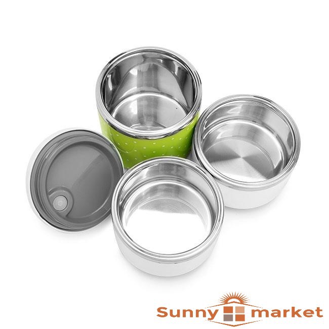 Hộp đựng cơm, camen 3 tầng chấm bi, ruột inox giữ nhiệt cao cấp