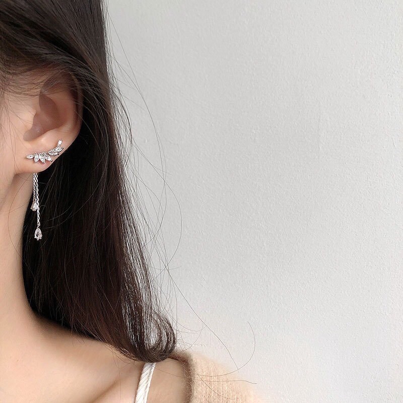 Bông tai bạc 925 lá nguyệt quế dáng dài xi kim cao cấp-Minh Tâm Jewelry