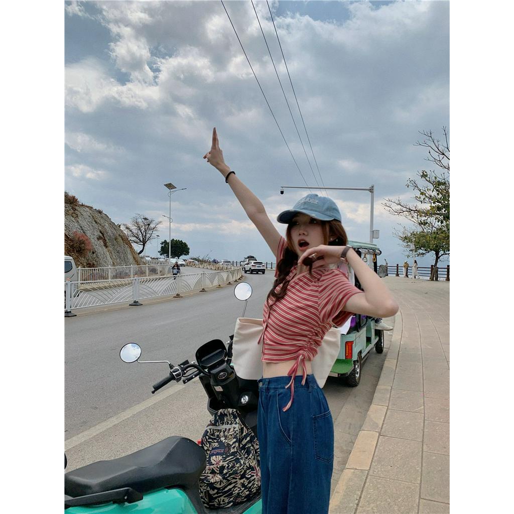 Áo Thun Ngắn Tay Cổ Chữ V Sọc Ngang Phong Cách Mới Dành Cho Mùa Hè 62790