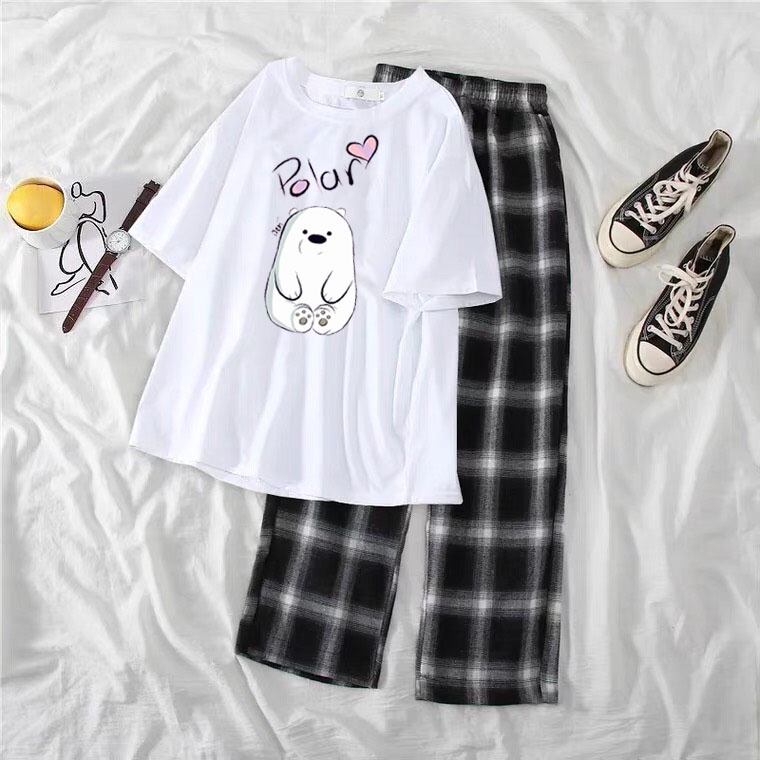 Sét áo Phông Hạt mầm + quần kẻ đen, Áo thun from rộng, Chất đẹp không xù, Sét bộ mặc ở nhà - MODY