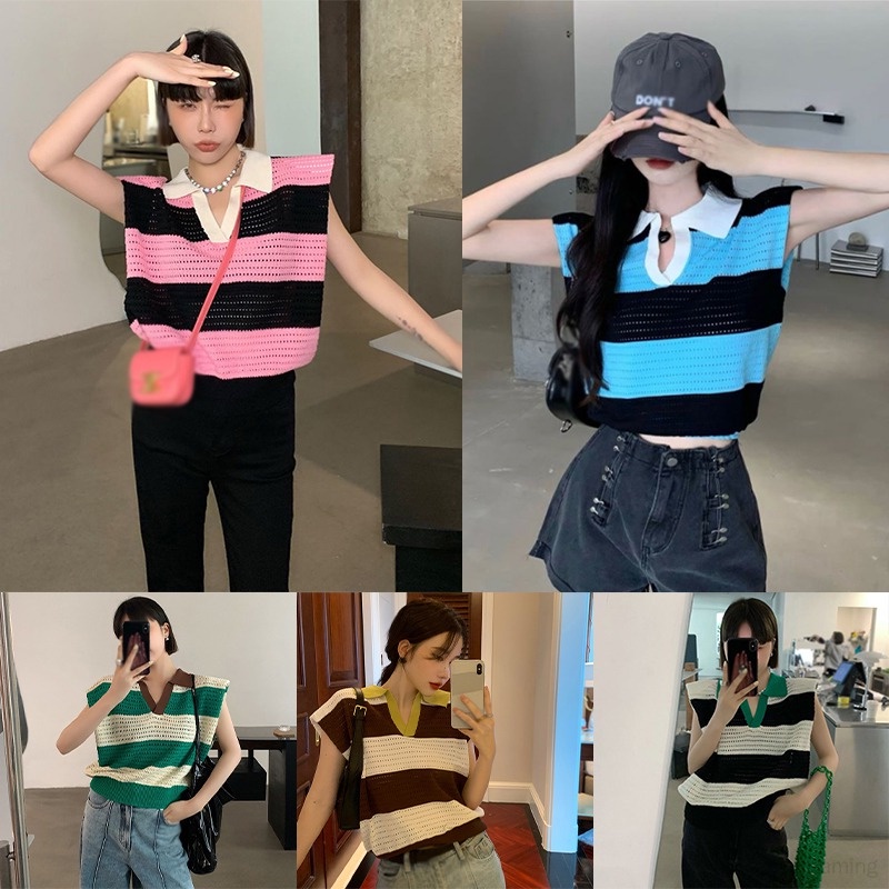 Áo Tank Top Dệt Kim Dáng Rộng Kẻ Sọc Thời Trang Mùa Hè Cho Nữ