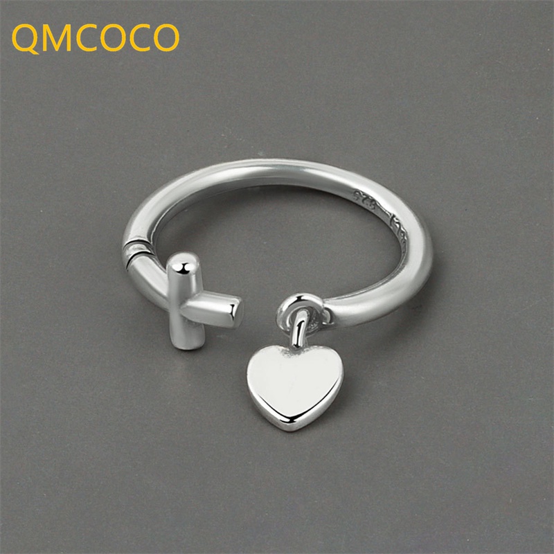 Nhẫn Bạc QMCOCO Mặt Trái Tim Đơn Giản Sáng Tạo Có Thể Điều Chỉnh Hợp Thời Trang Cho Nữ