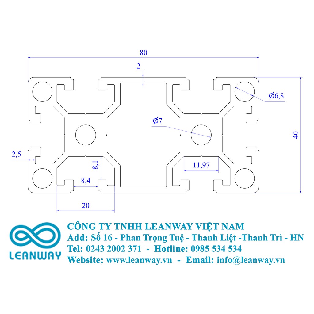 Nhôm định hình 40x80 (LWA-4080-2877-67) - Miễn phí cắt theo kích thước yêu cầu.