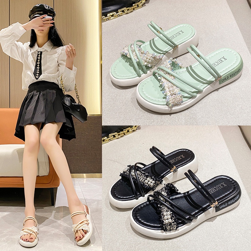 Giày quai hậu RENBEN đế dày hai cách mang quai đính ngọc trai phong cách Hàn Quốc dành cho nữ