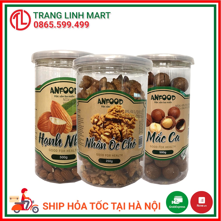 Hạt hạnh nhân, mắc ca, óc chó  Anfood hộp 500g,250g