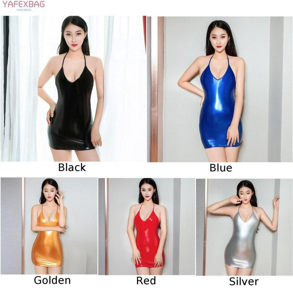 Đầm bodycon mini vải PVC hai dây thắt kiểu yếm không tay gợi cảm thời trang dành cho nữ