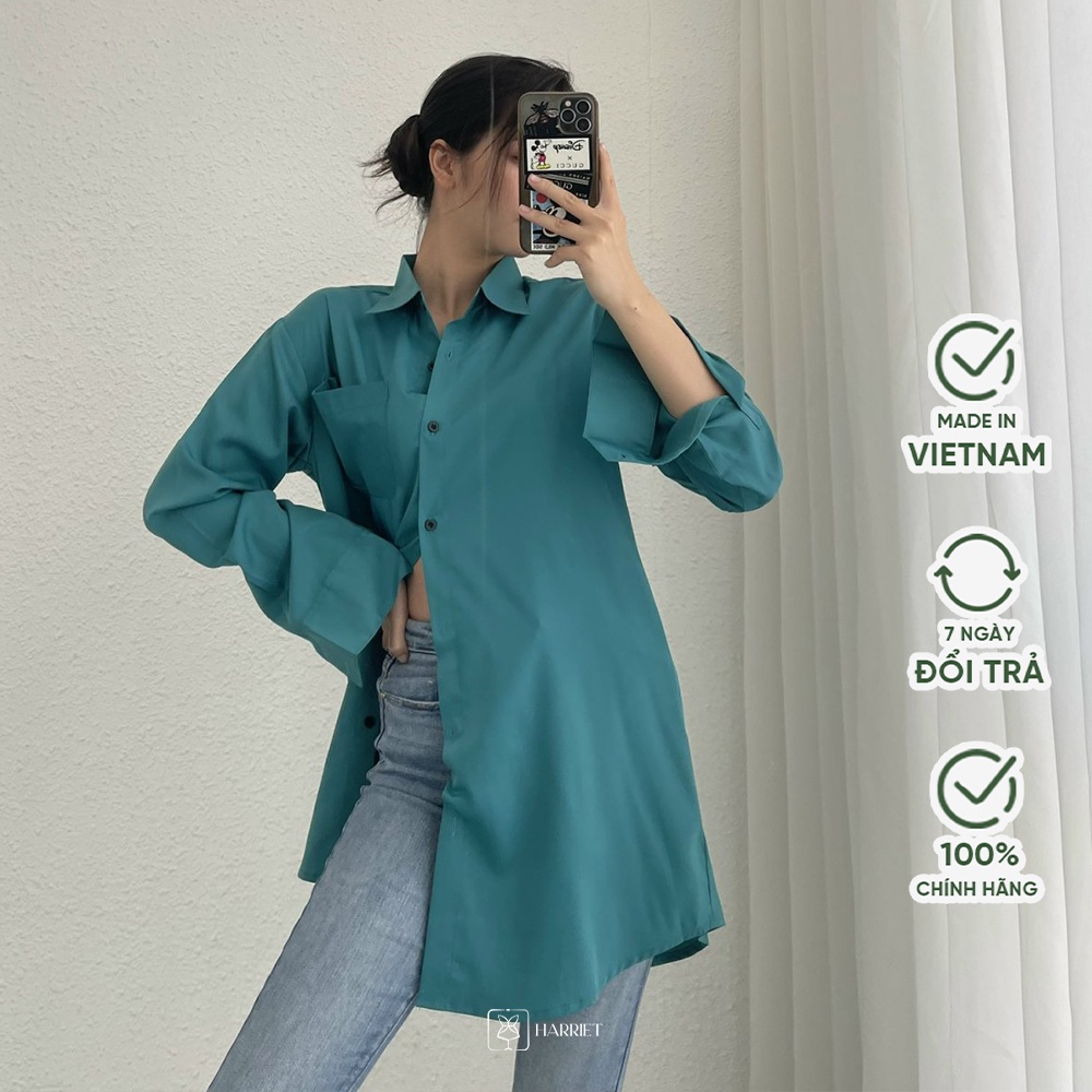 Áo sơ mi nữ lụa xanh dáng dài cổ đức Teal Harriet