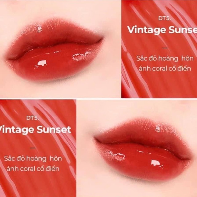 💜 Son Kem Lì Bóng Merzy Aurora Dewy Tint #DT5. Vintage Sunset: Sắc đỏ hoàng hôn ánh coral cổ điển