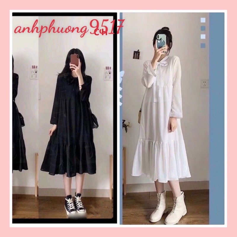 Đầm Babydoll Đuôi Cá Cổ Nơ Váy Nữ Trơn Tay Bồng 2 Màu Đen; Trắng🎀Maxi dáng dài Vintage Hot Trend