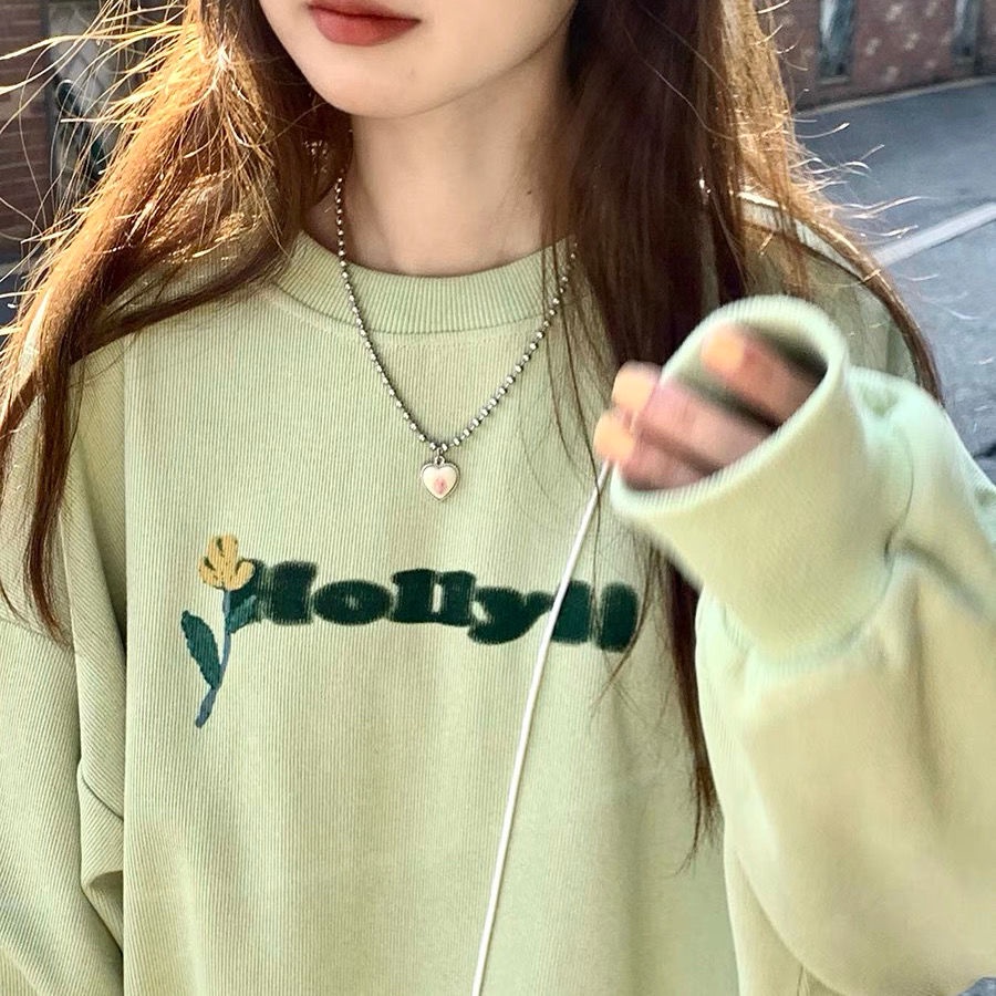Áo Sweater Dáng Rộng In Họa Tiết Hoa Và Chữ Phong Cách Hàn Quốc Mới Cho Nữ