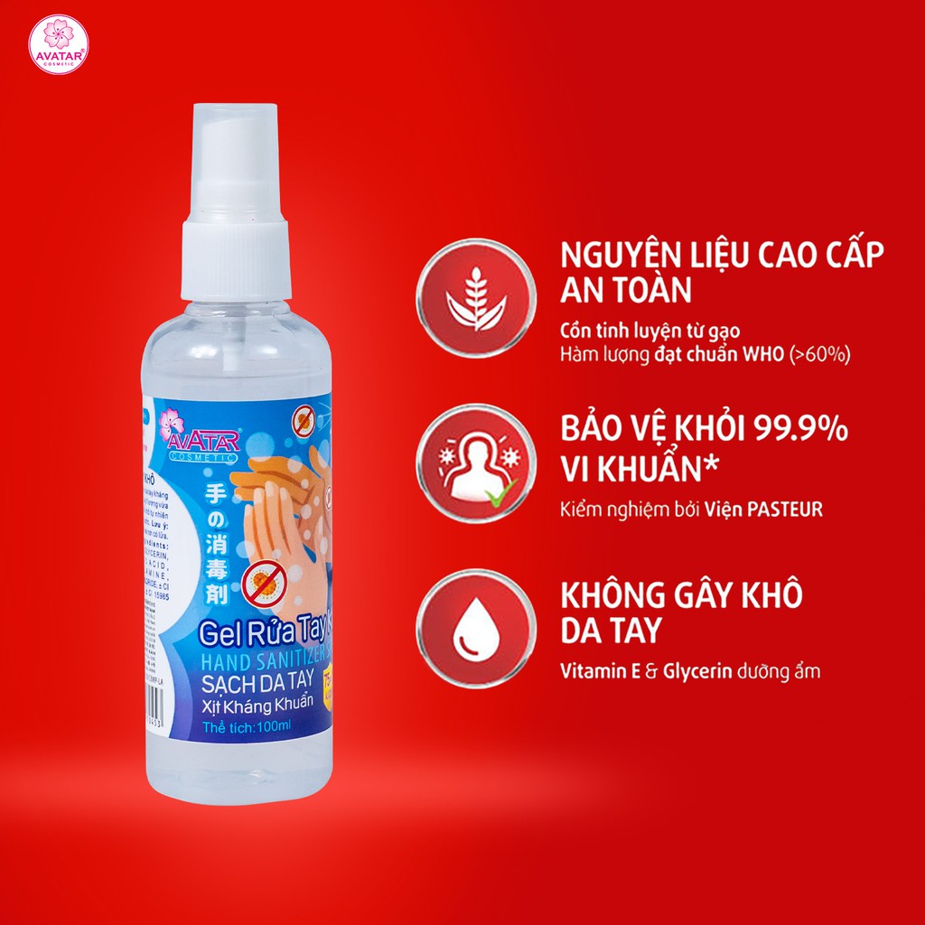 Gel rửa tay khô AVATAR - Xịt kháng khuẩn - Dạng xịt - 75% CỒN (100ml) - Có chứng nhận chất lượng từ PASTEUR