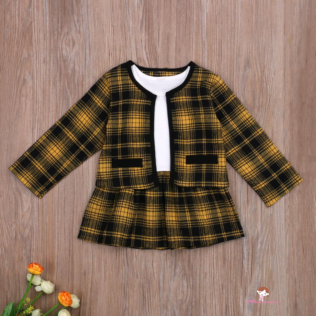 XZQ7-0-6 Years Little Girl Coat + Dress Plaid Printing British Style Cute Princess Spring Autumn Clothing