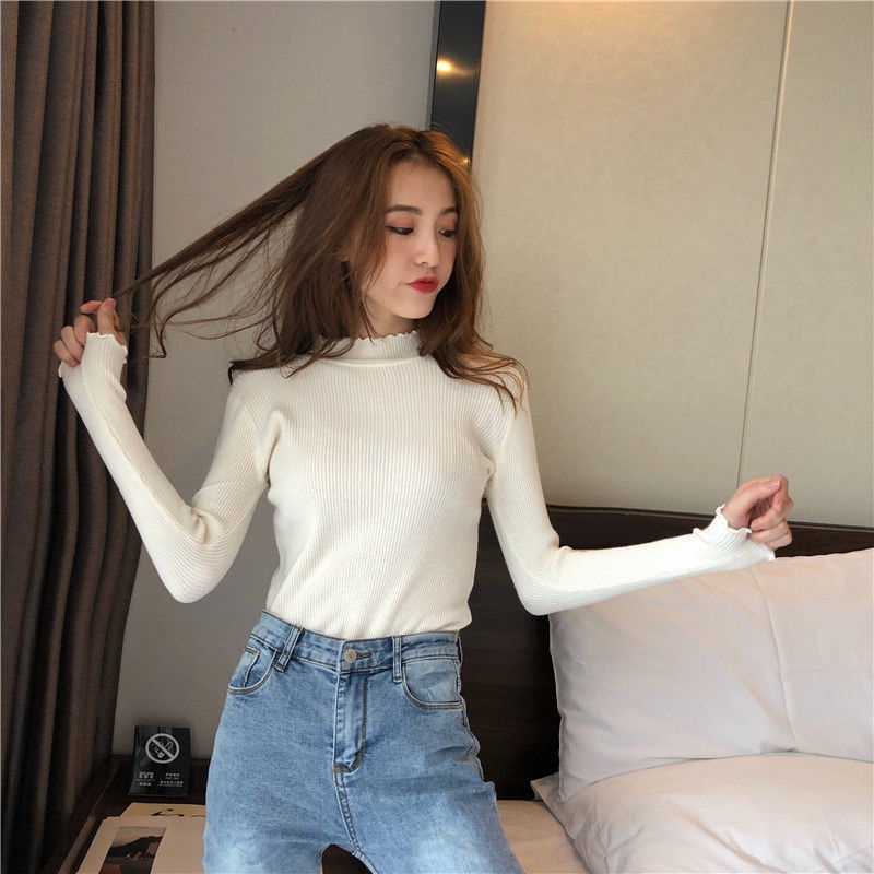 Áo dệt kim mỏng tay dài cổ cao nhún ôm dáng màu trơn xinh xắn cho nữ