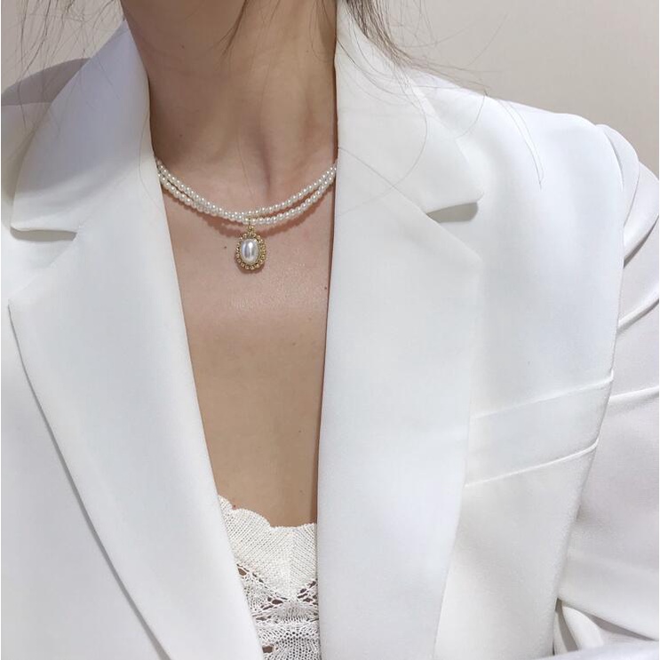 Vòng Cổ Choker Hai Lớp Đính Hạt Ngọc Trai Cổ Điển