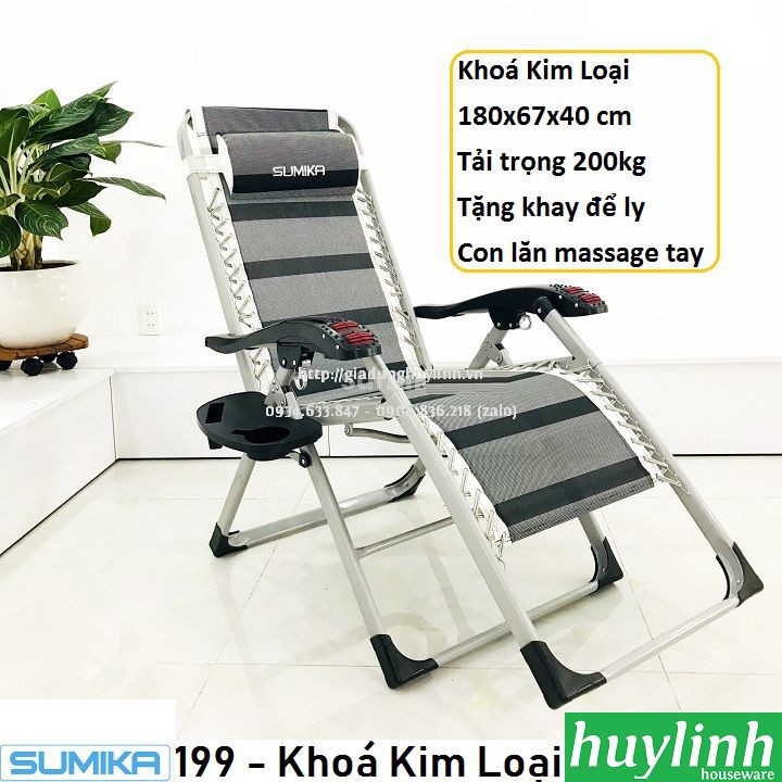 Ghế xếp gấp thư giãn Sumika 199 - Có con lăn tay massage - Tặng khay để ly - Khoá Kim Loại, tải trọng 200kg