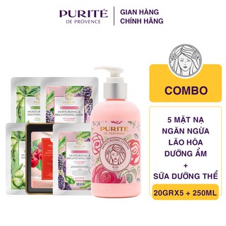 Combo 5 miếng mặt nạ Purité chăm sóc toàn diện 20gx5 tặng Sữa dưỡng thể Purité Hương Hoa Hồng 250ml