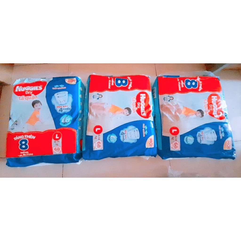 Combo 3 Gói Tã Quần Huggies Dry Gói Cực Đại L68 (68 Miếng) + Khuyến Mại Tặng 8 Miếng